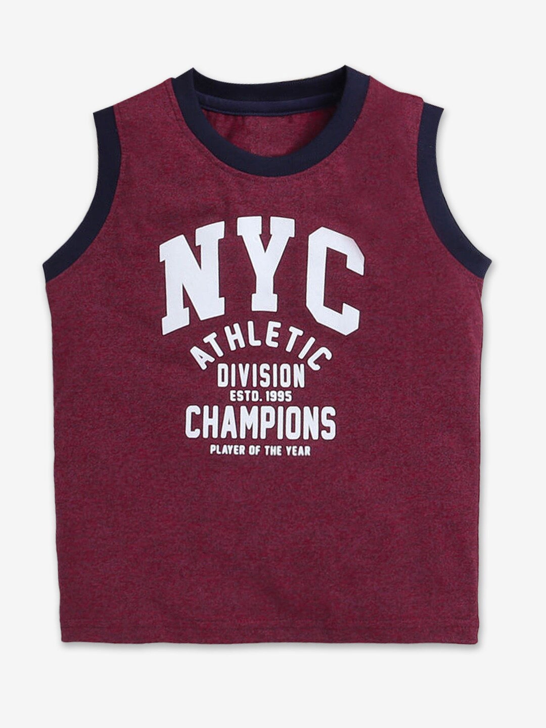 

Hopscotch Boys Typography Round Neck Sleeveless Cotton T-shirt, Maroon