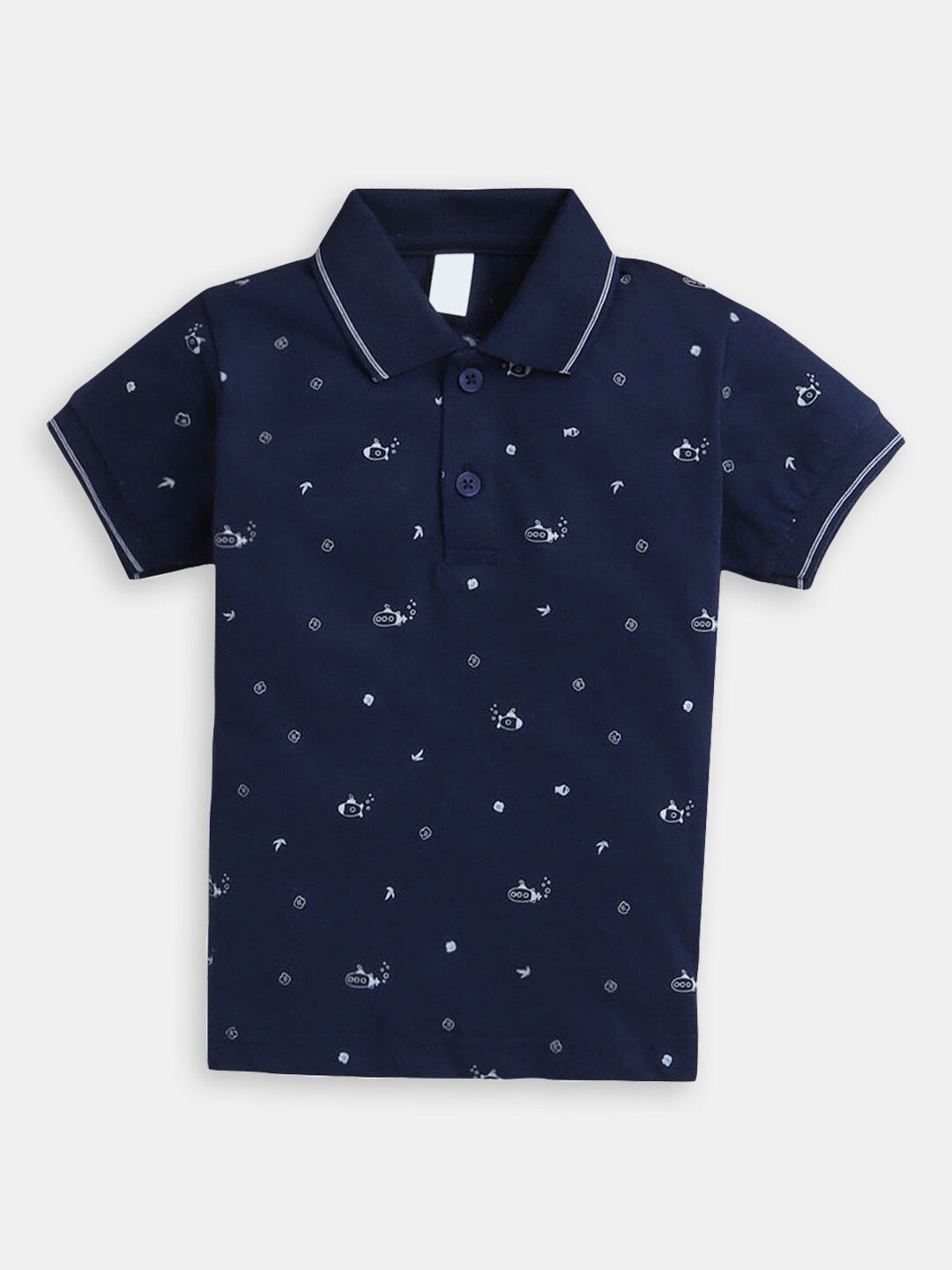 

Hopscotch Boys Conversational Printed Polo Collar Cotton T-shirt, Navy blue