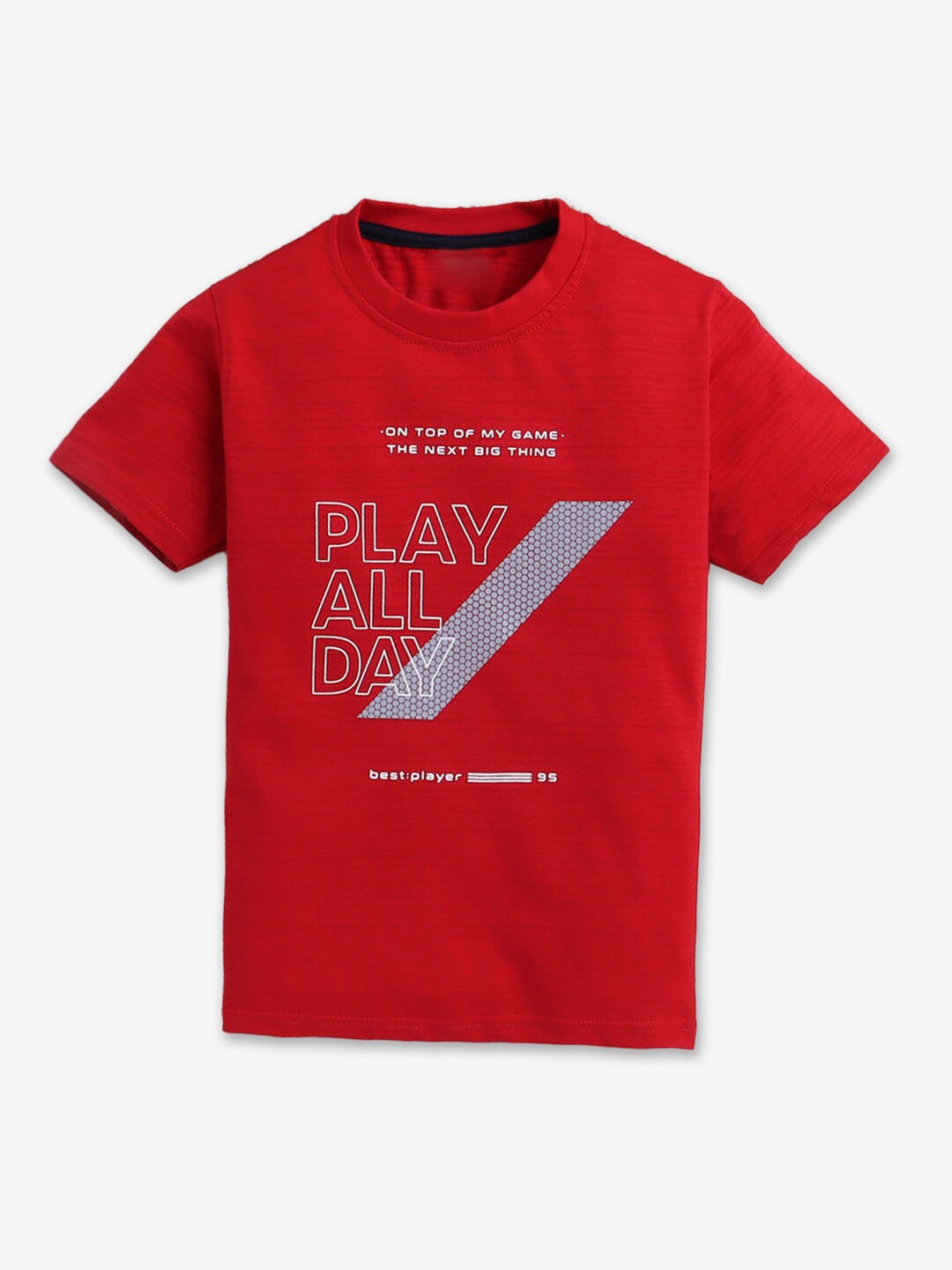 

Hopscotch Boys Typography Printed Round Neck Cotton T-shirt, Red