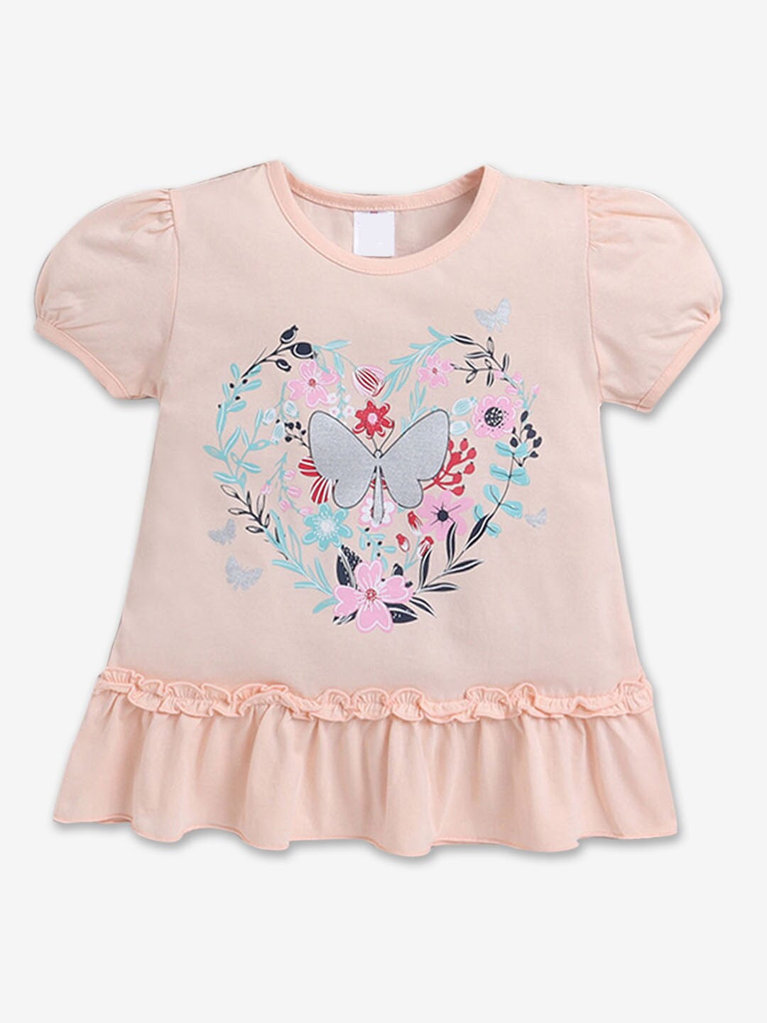 

Hopscotch Girls Puff Sleeves Gathered Cotton Regular Top, Peach