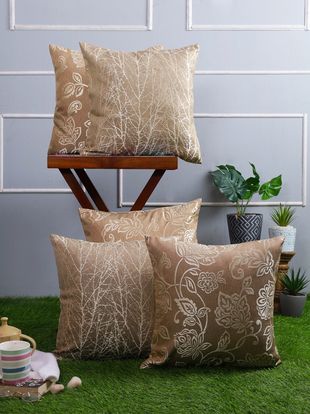 

Just Home Brown & Cream 5 Pieces Floral Square Cushion Covers