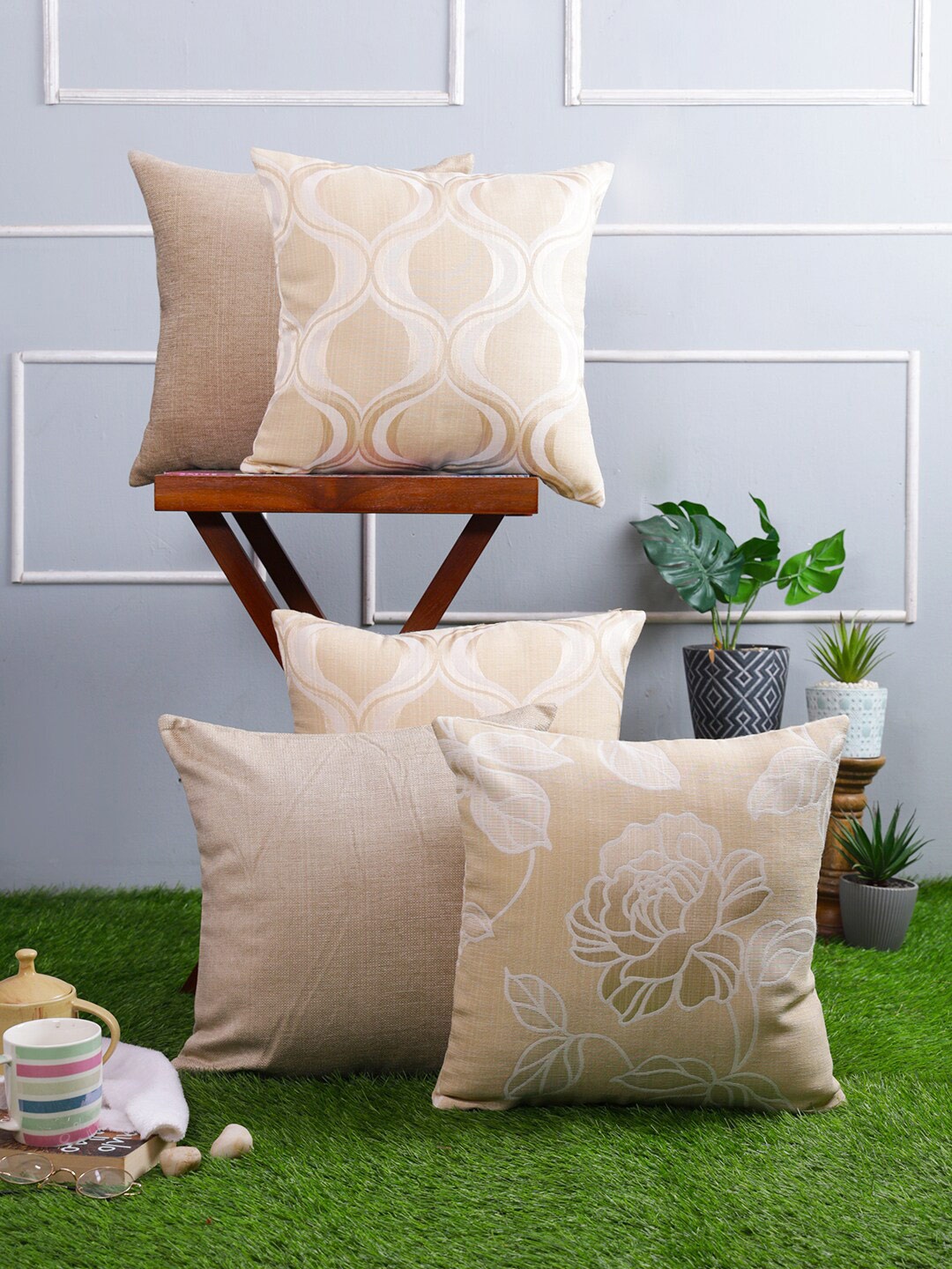 

Just Home Beige & Gold Toned 5 Pieces Floral Square Cushion Covers