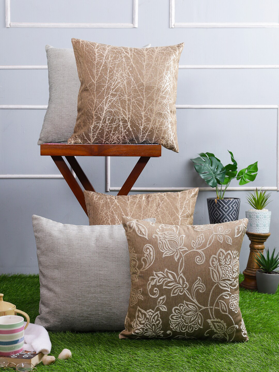 

Just Home Brown & Grey 5 Pieces Abstract Printed Square Cushion Covers