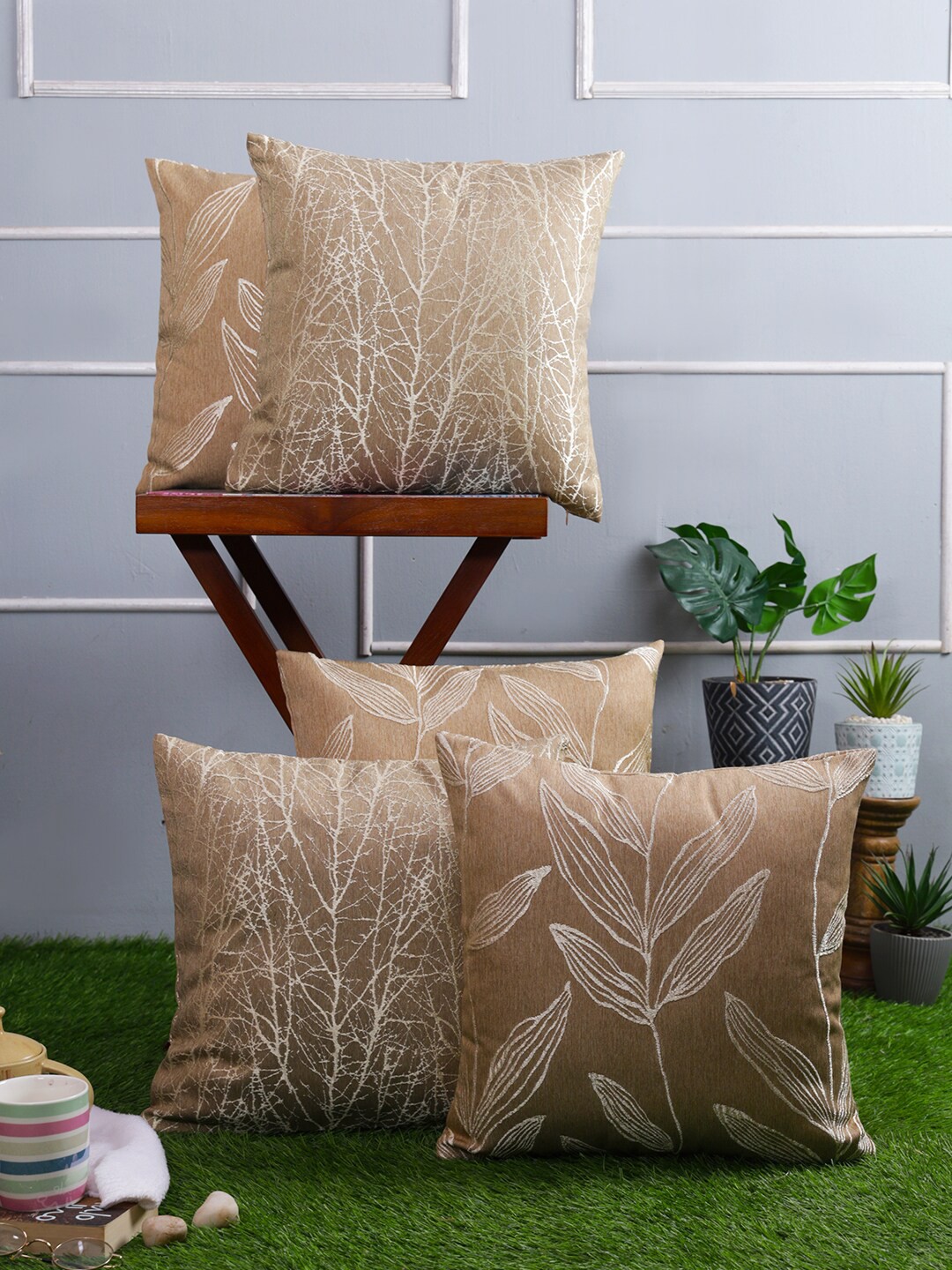 

Just Home Brown & Cream 5 Pieces Floral Square Cushion Covers