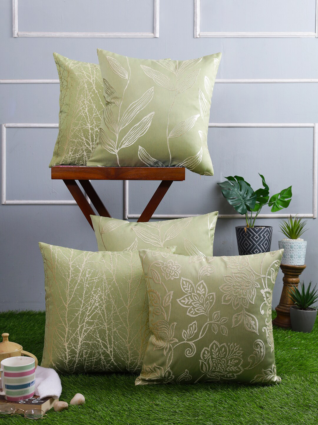 

Just Home Green & Gold-Toned 5 Pieces Floral Square Cushion Covers