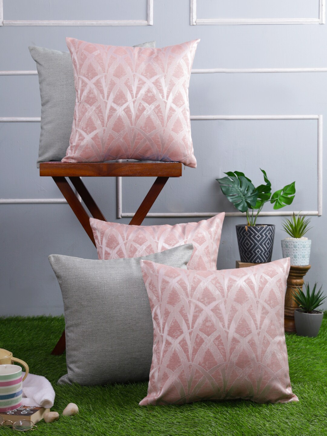 

Just Home Pink & Grey 5 Pieces Abstract Square Cushion Covers