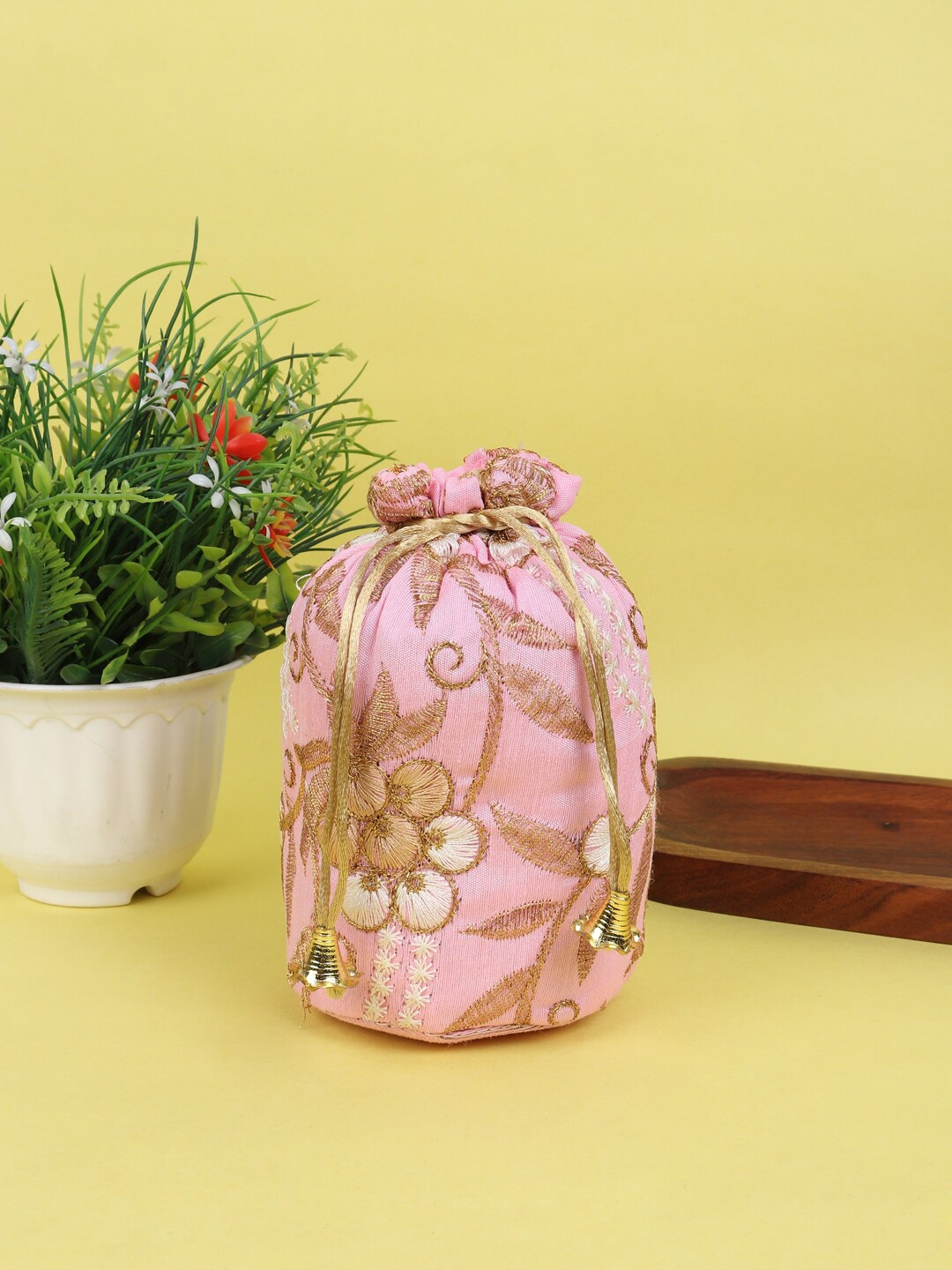 

LIKAA Floral Embroidered Potli Clutch, Pink