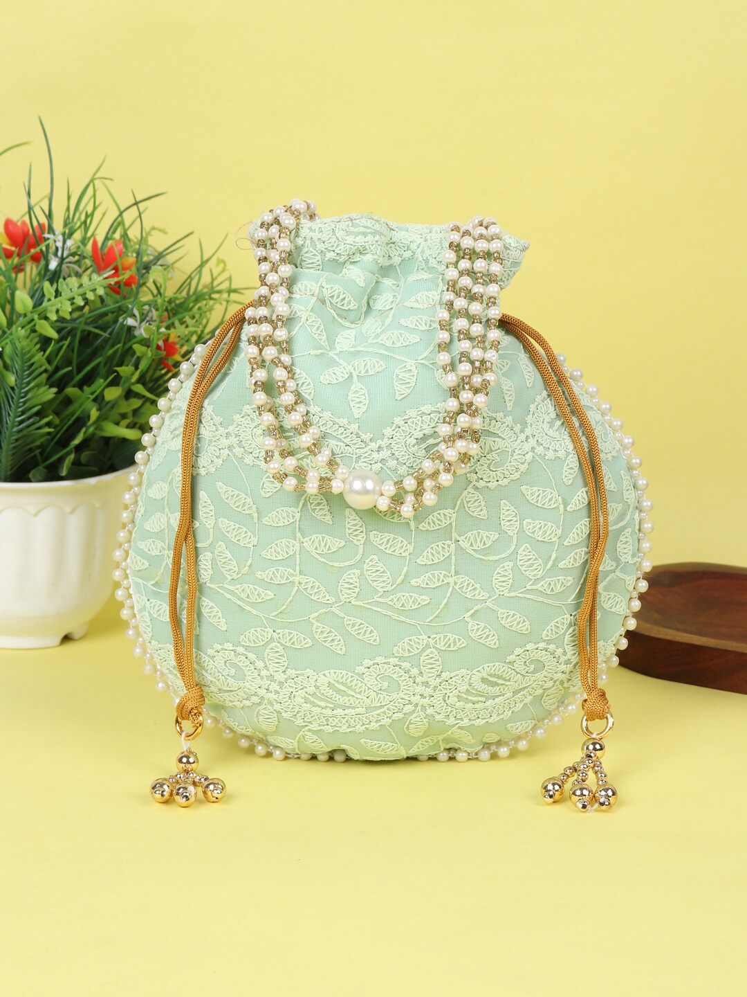

LIKAA Embroidered Potli Clutch, Green