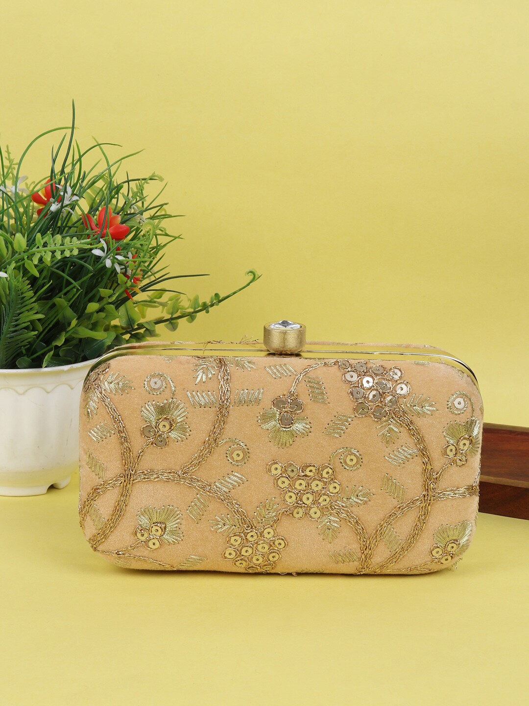 

LIKAA Embroidered Box Clutch, Beige