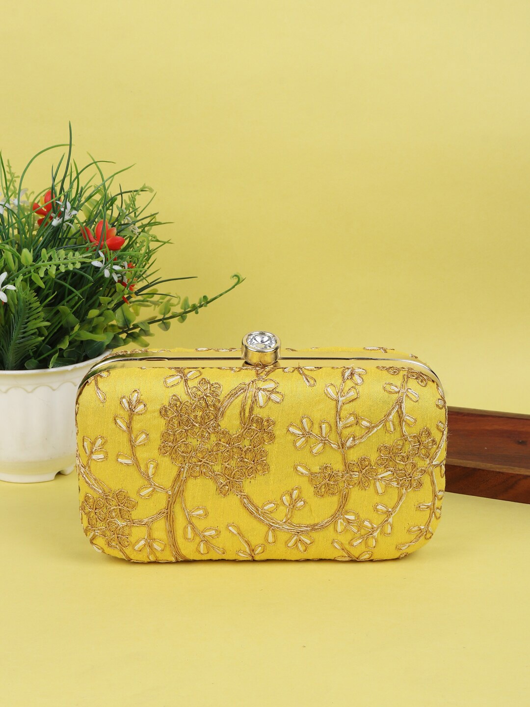 

LIKAA Embroidered Box Clutch, Yellow