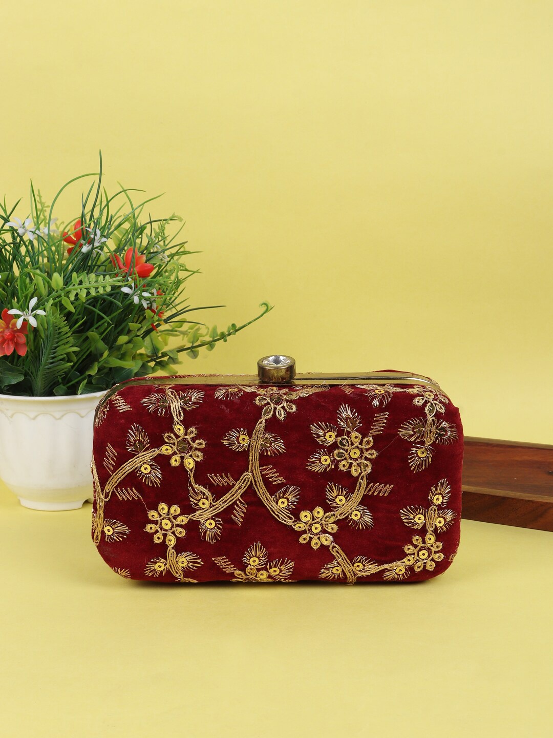 

LIKAA Embroidered Box Clutch, Maroon