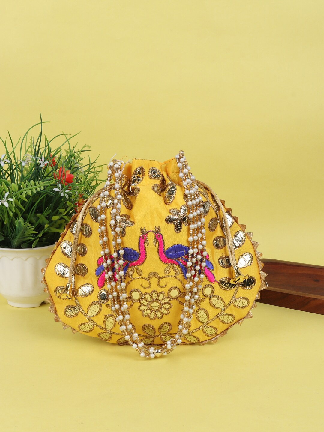 

LIKAA Embroidered Potli Clutch, Yellow
