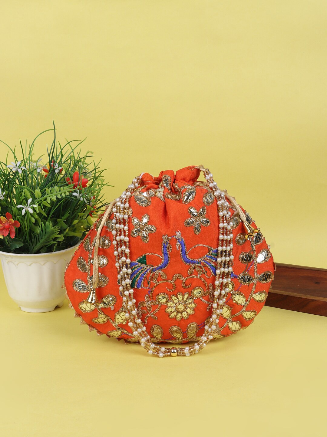 

LIKAA Embroidered Potli Clutch, Orange