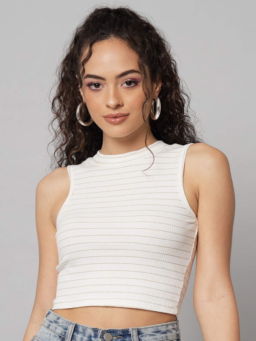 

GUTI Striped High Neck Fitted Cotton Crop Top, White