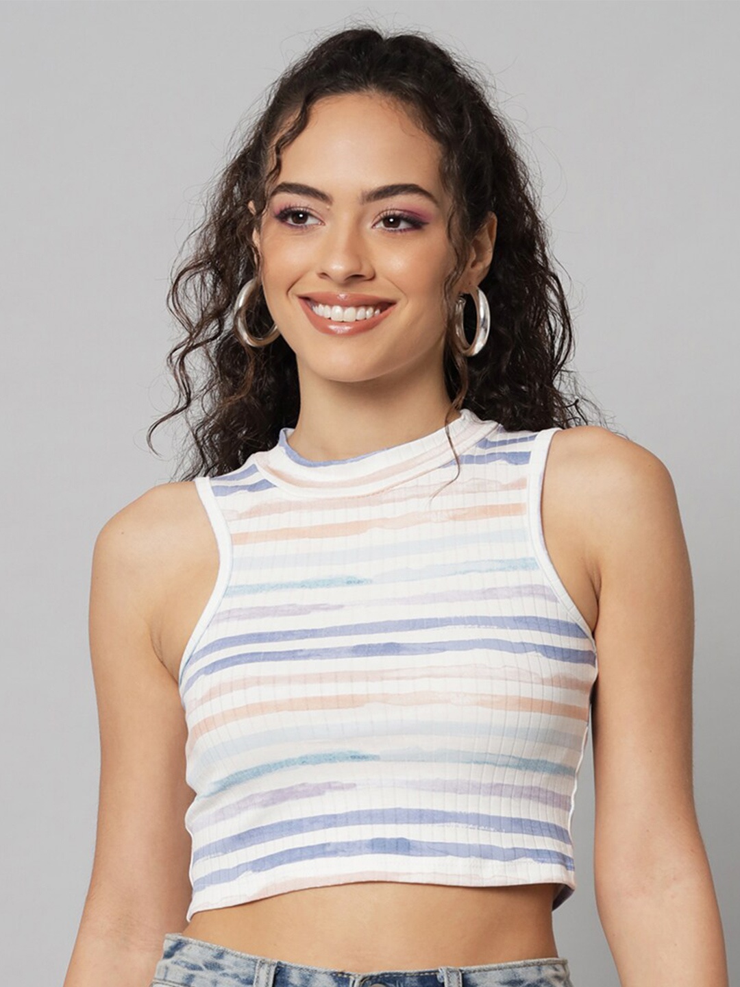 

GUTI Striped High Neck Cotton Fitted Crop Top, White