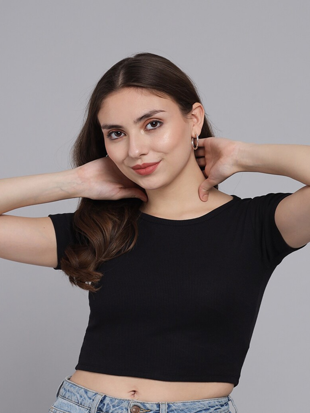 

GUTI Round Neck Fitted Cotton Crop Top, Black