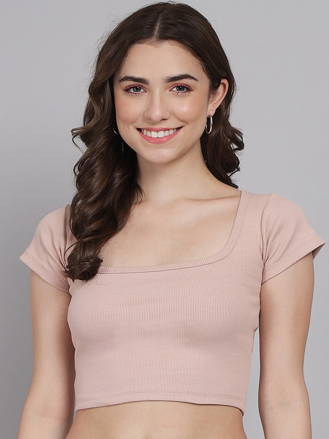 

GUTI Scoop Neck Short Sleeves Cotton Crop Top, Peach