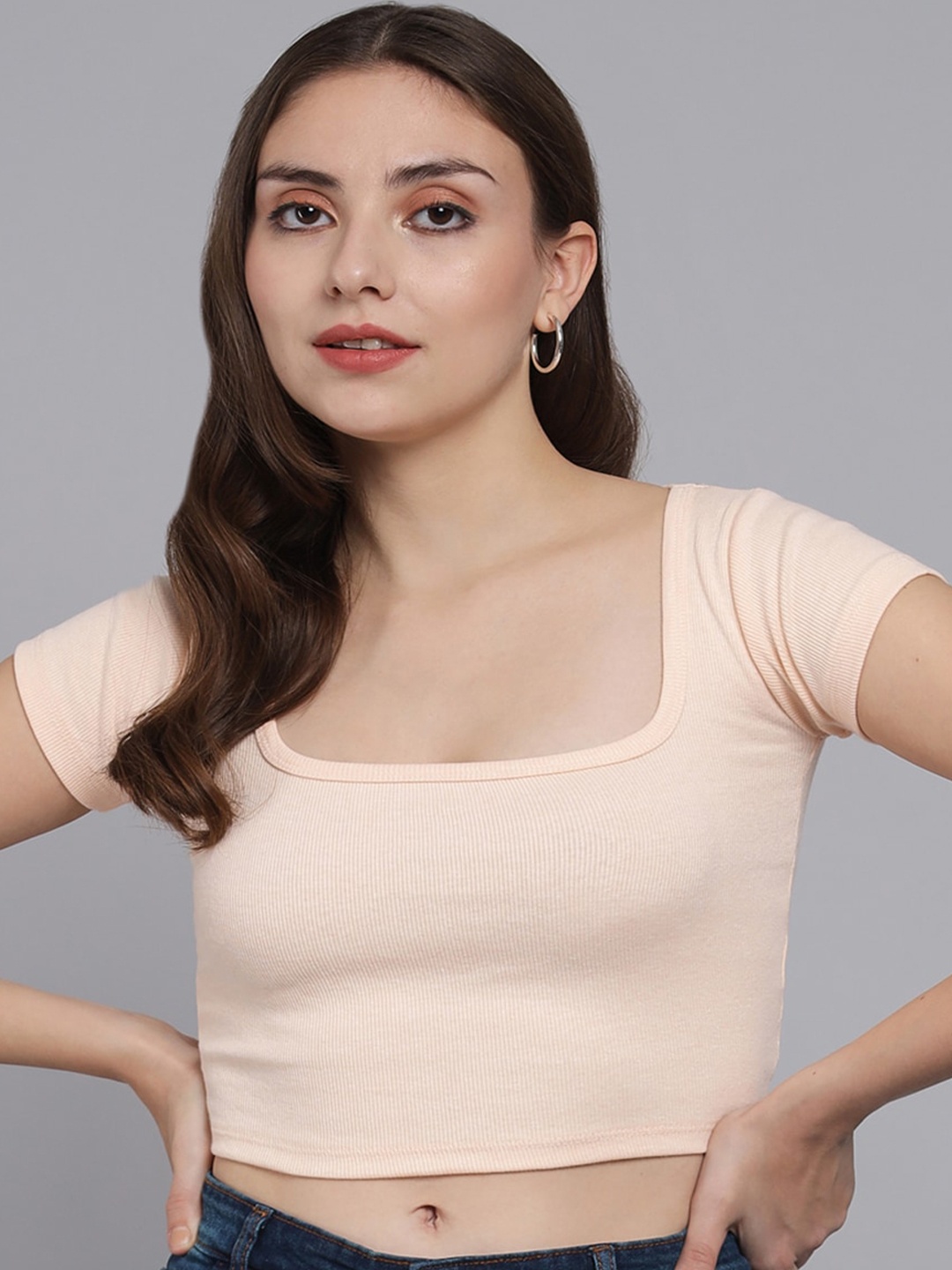 

GUTI Scoop Neck Fitted Cotton Crop Top, Peach