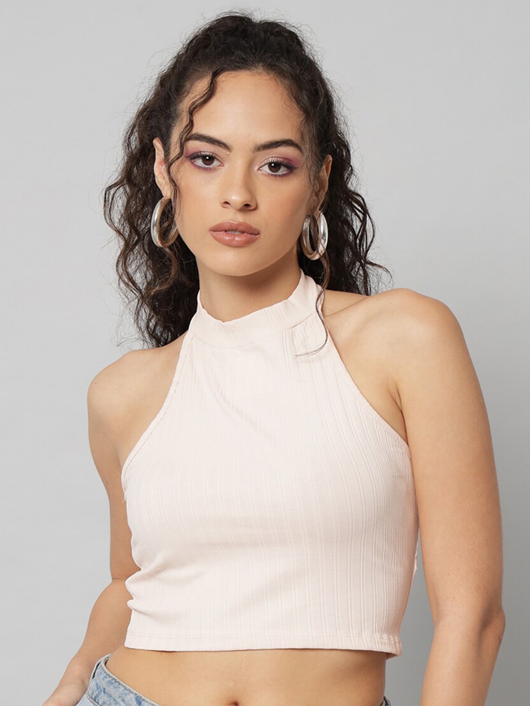 

GUTI Halter Neck Cotton Fitted Crop Top, Beige