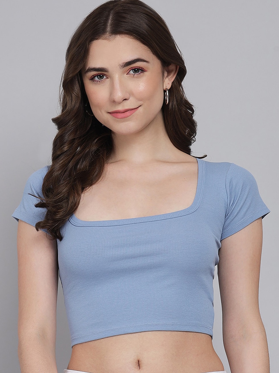 

GUTI Square Neck Cotton Fitted Crop Top, Blue