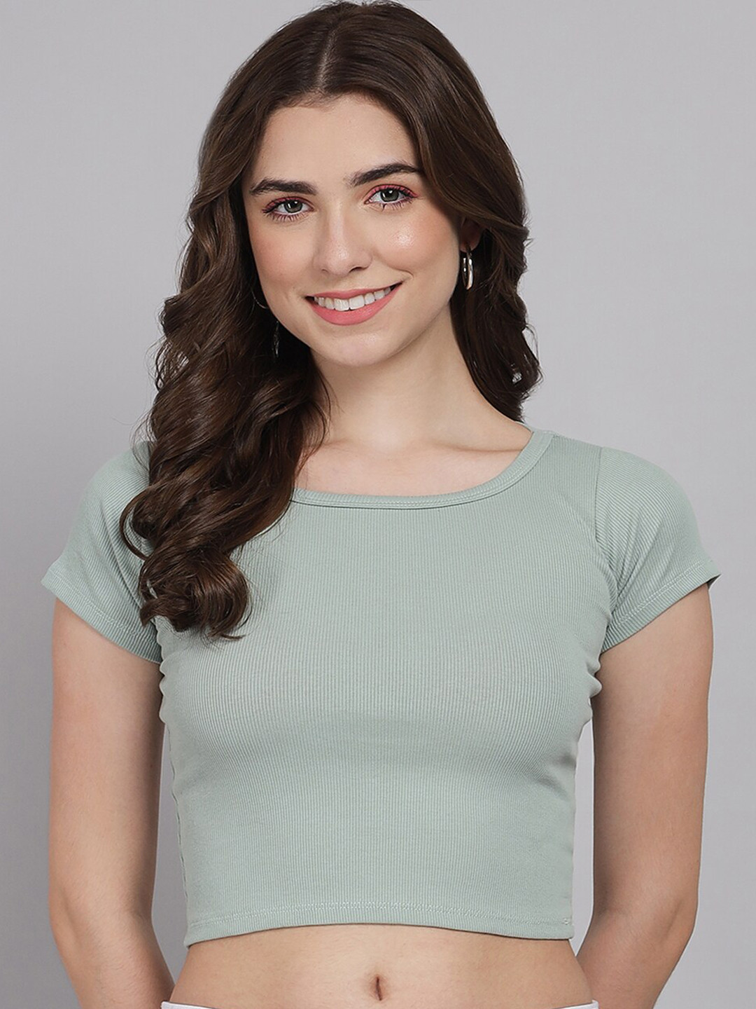 

GUTI Round Neck Short Sleeves Cotton Crop Top, Green