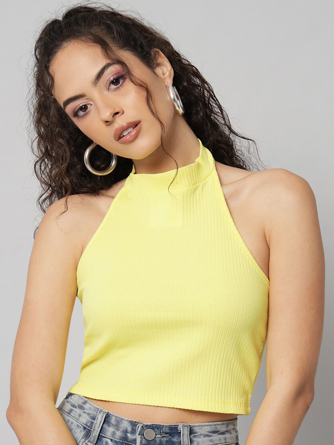 

GUTI Halter Neck Sleeveless Cotton Crop Top, Yellow