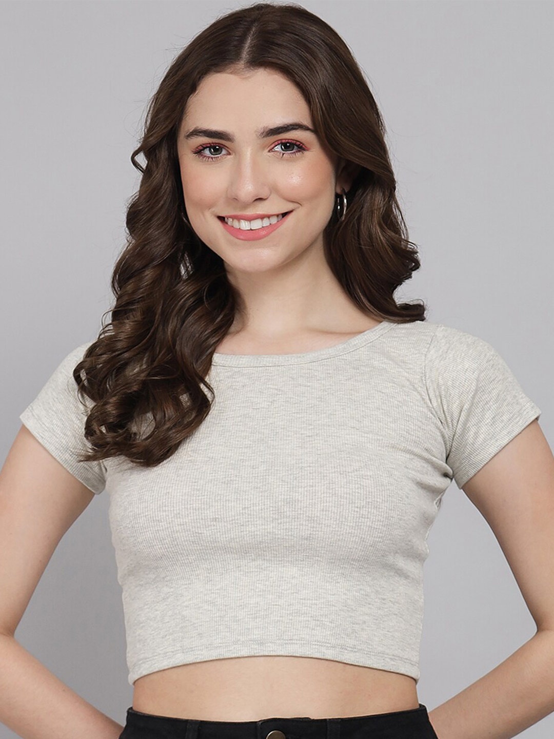 

GUTI Round Neck Cotton Fitted Crop Top, Beige