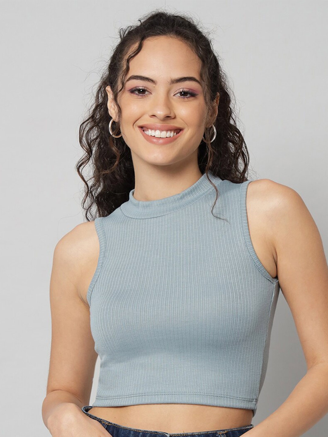 

GUTI Round Neck Sleeveless Cotton Crop Top, Blue