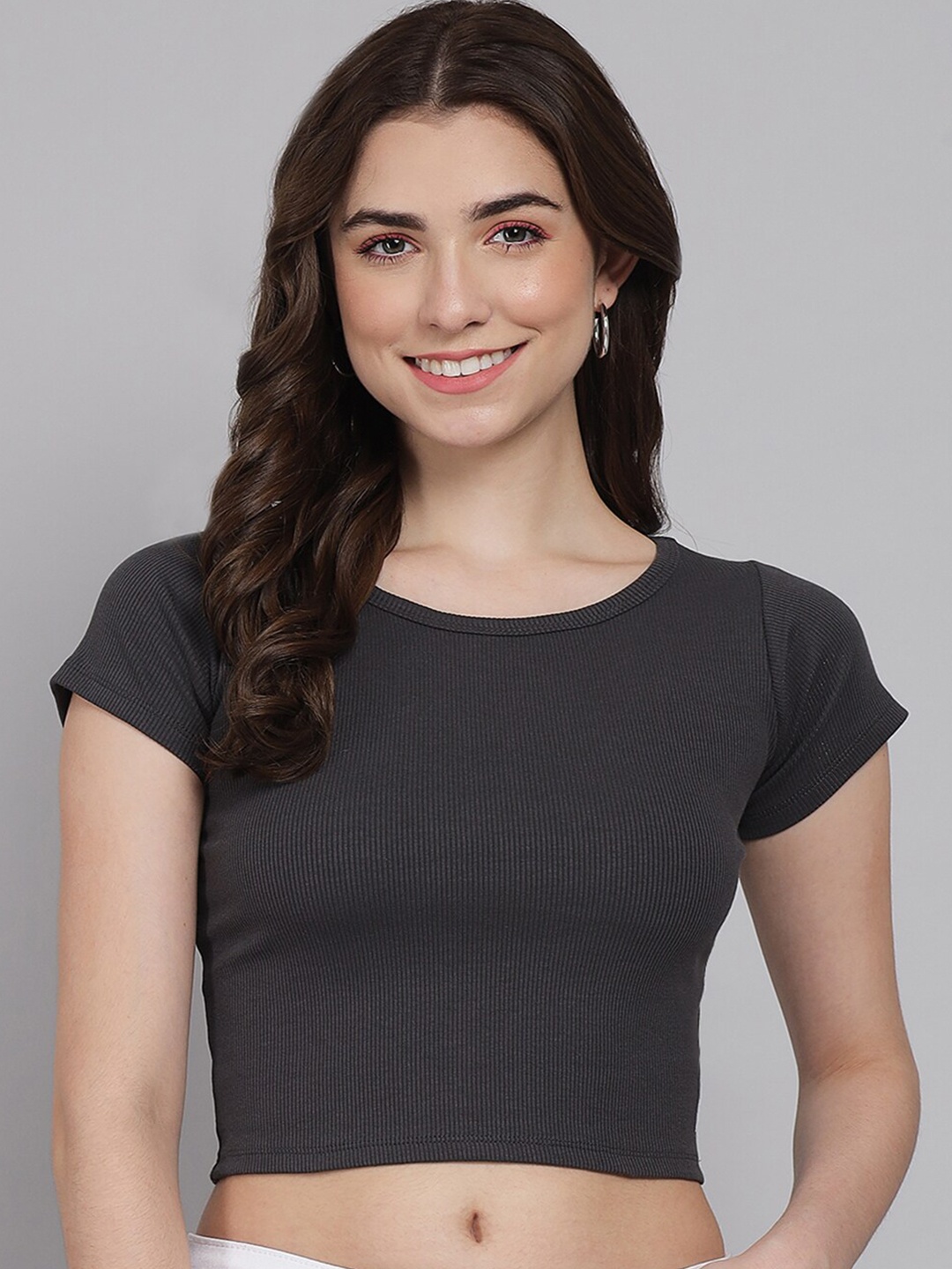 

GUTI Round Neck Fitted Cotton Crop Top, Black