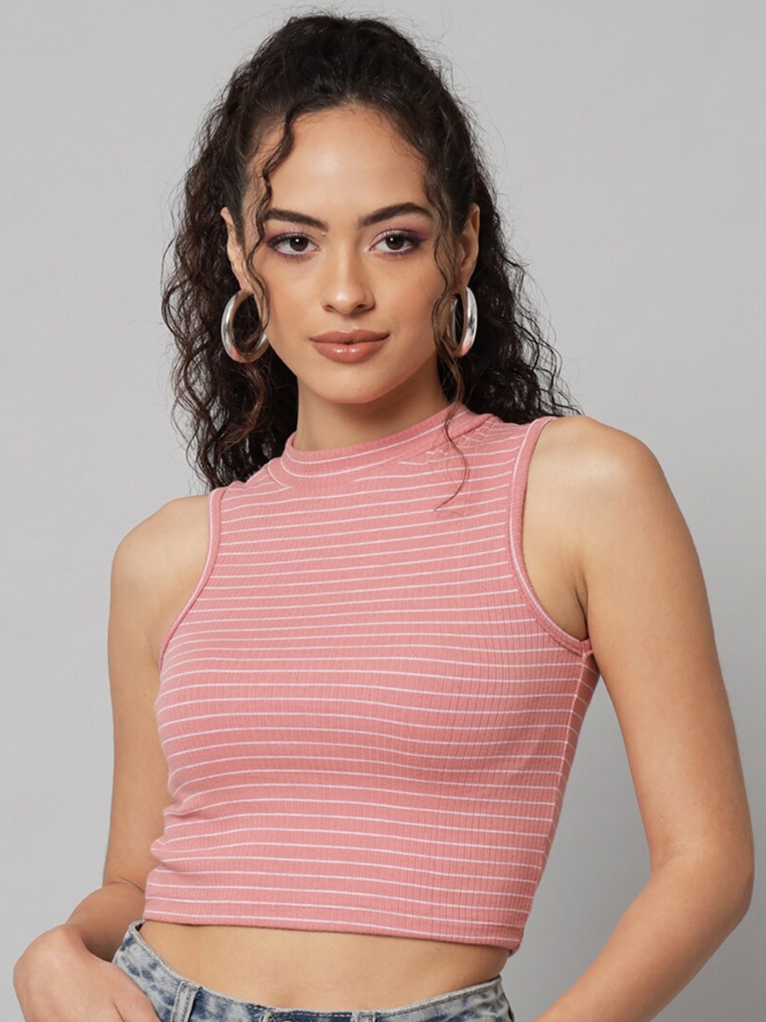 

GUTI Horizontal Striped Cotton Crop Top, Pink
