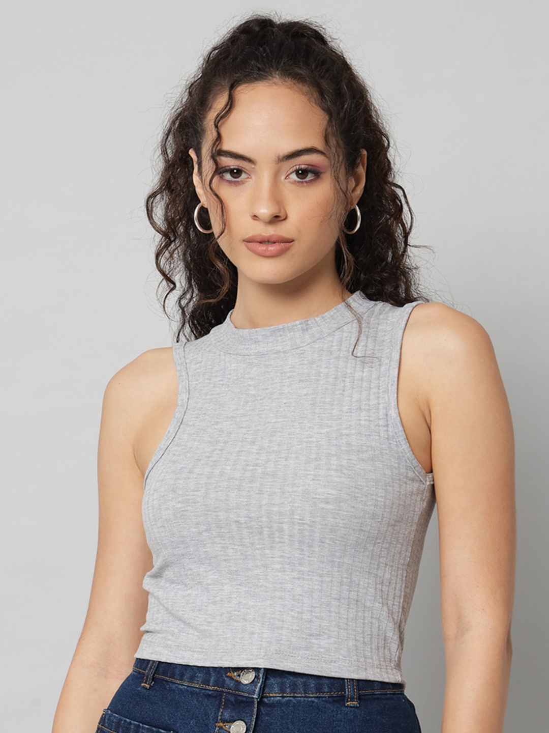 

GUTI Striped Round Neck Cotton Tank Crop Top, Grey