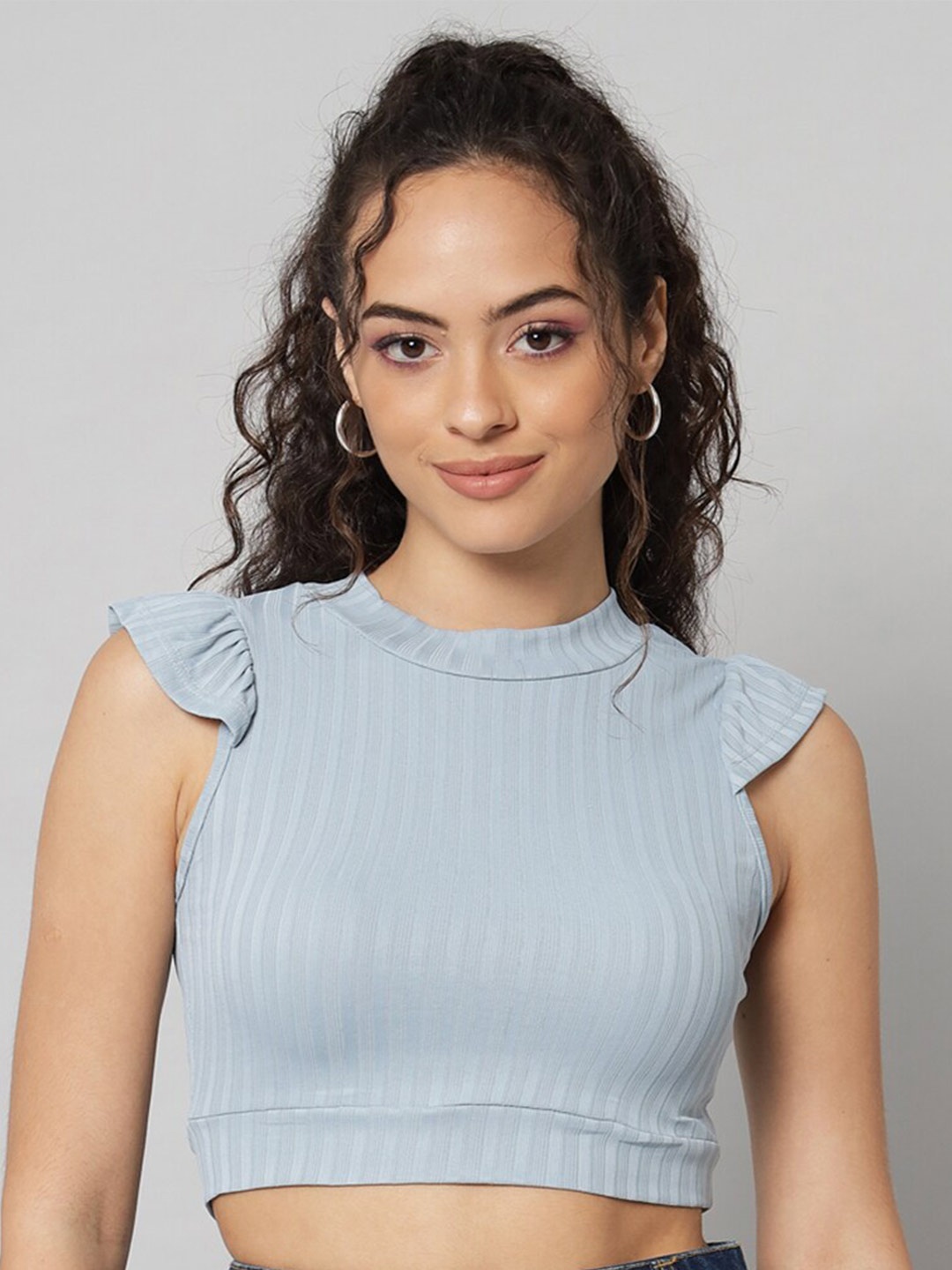

GUTI Striped Round Neck Cotton Fitted Crop Top, Blue