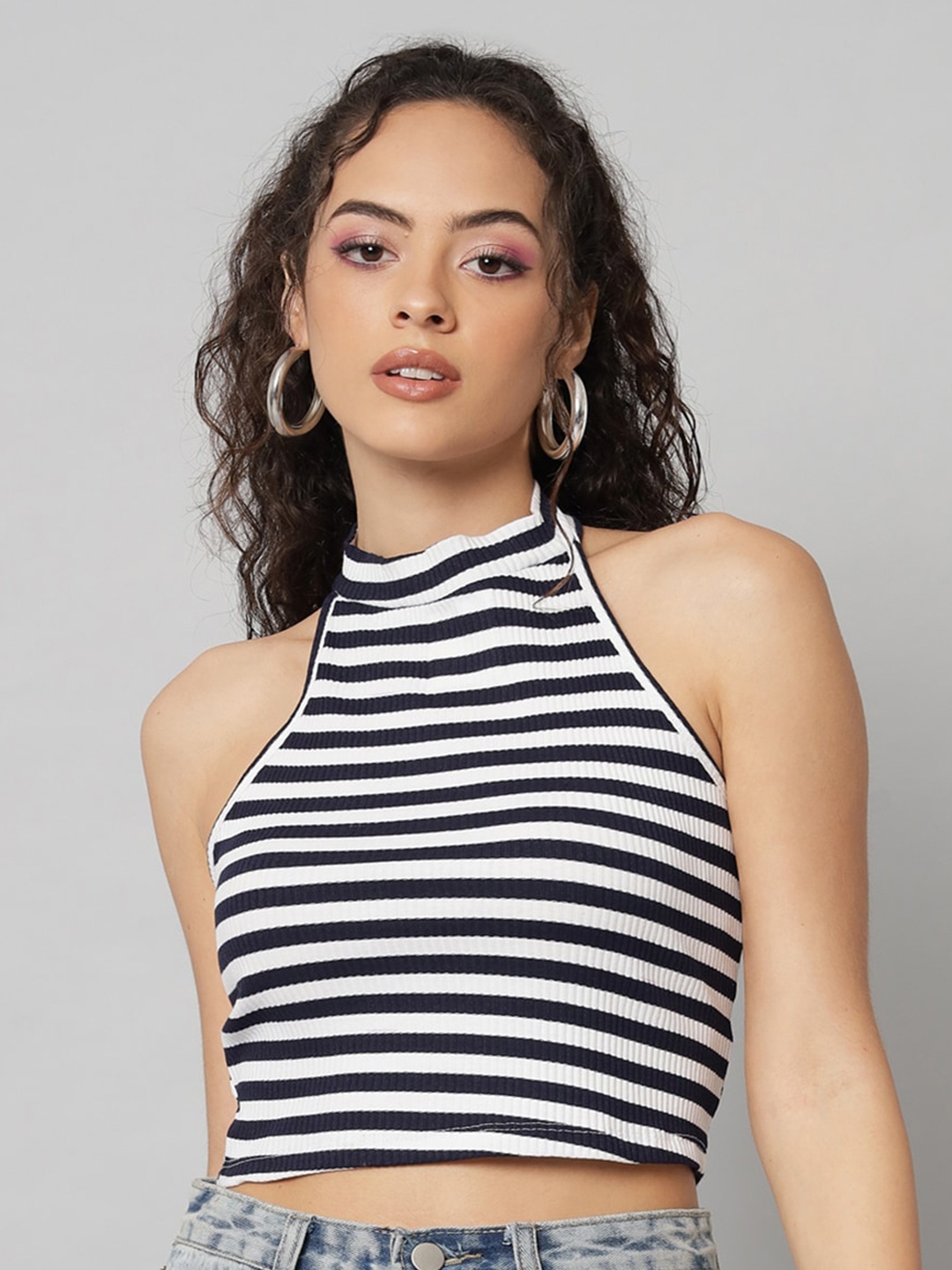 

GUTI Horizontal Striped Halter Neck Cotton Crop Top, White