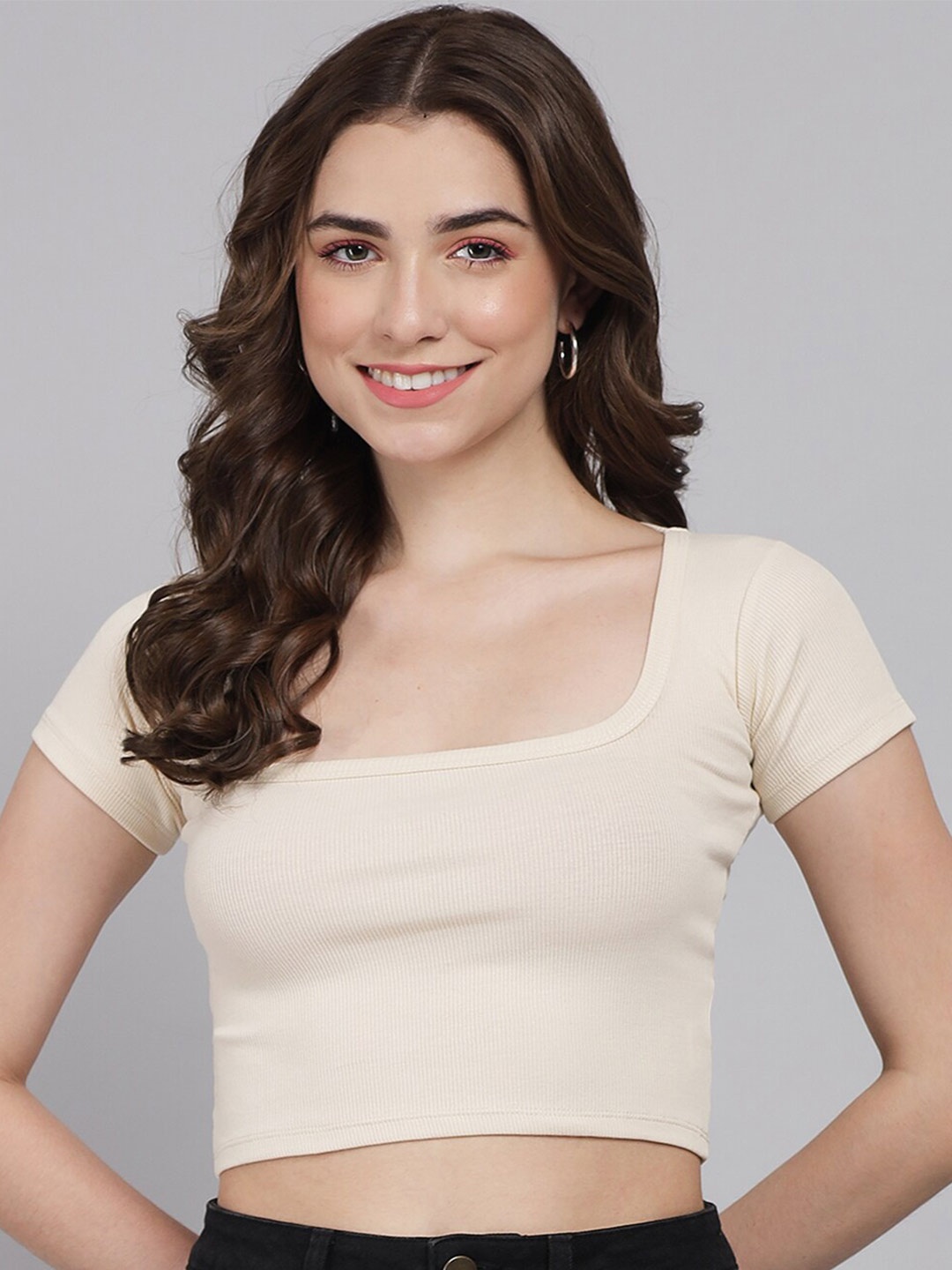 

GUTI Scoop Neck Fitted Cotton Crop Top, Beige