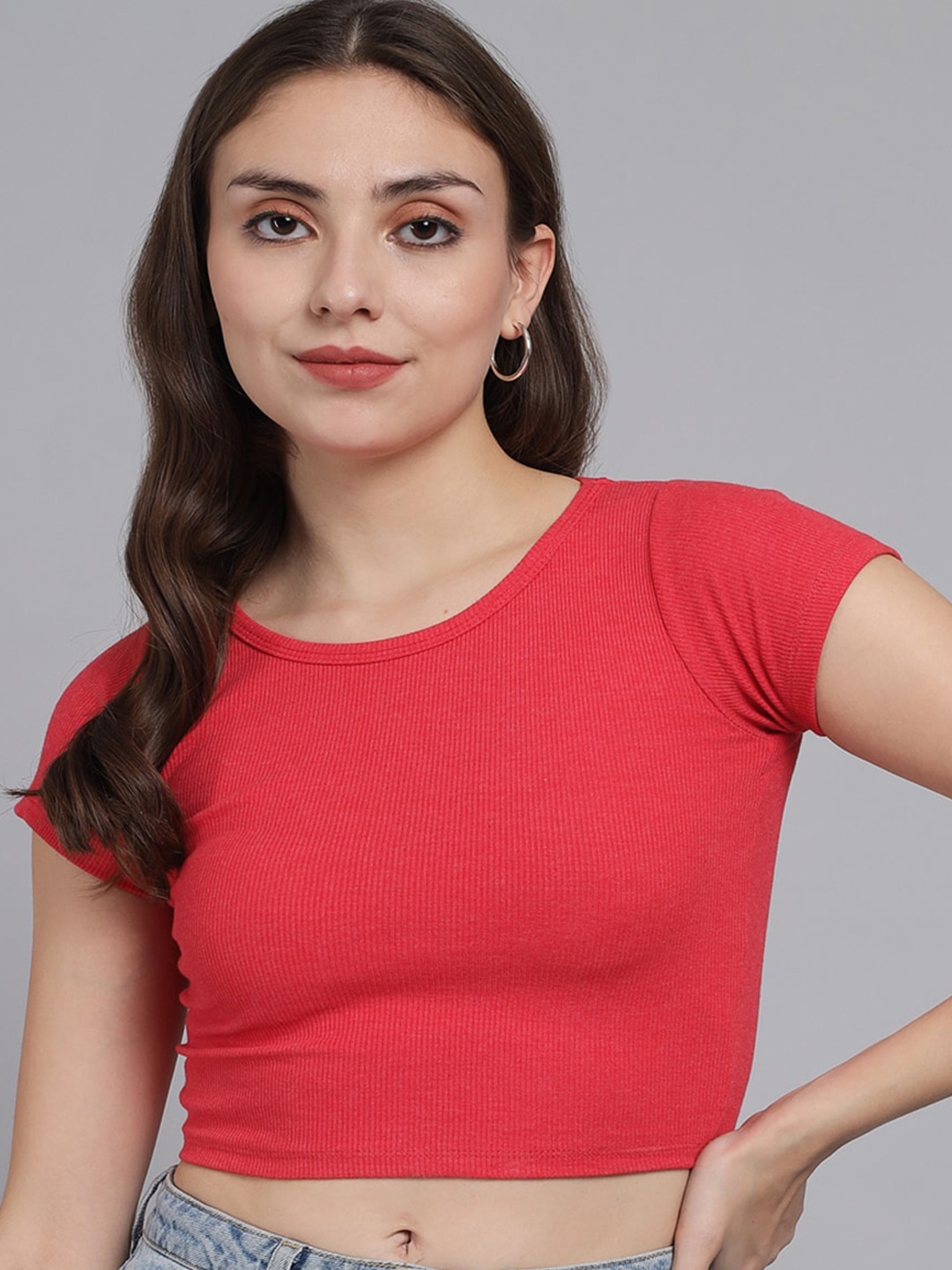 

GUTI Round Neck Fitted Cotton Crop Top, Red
