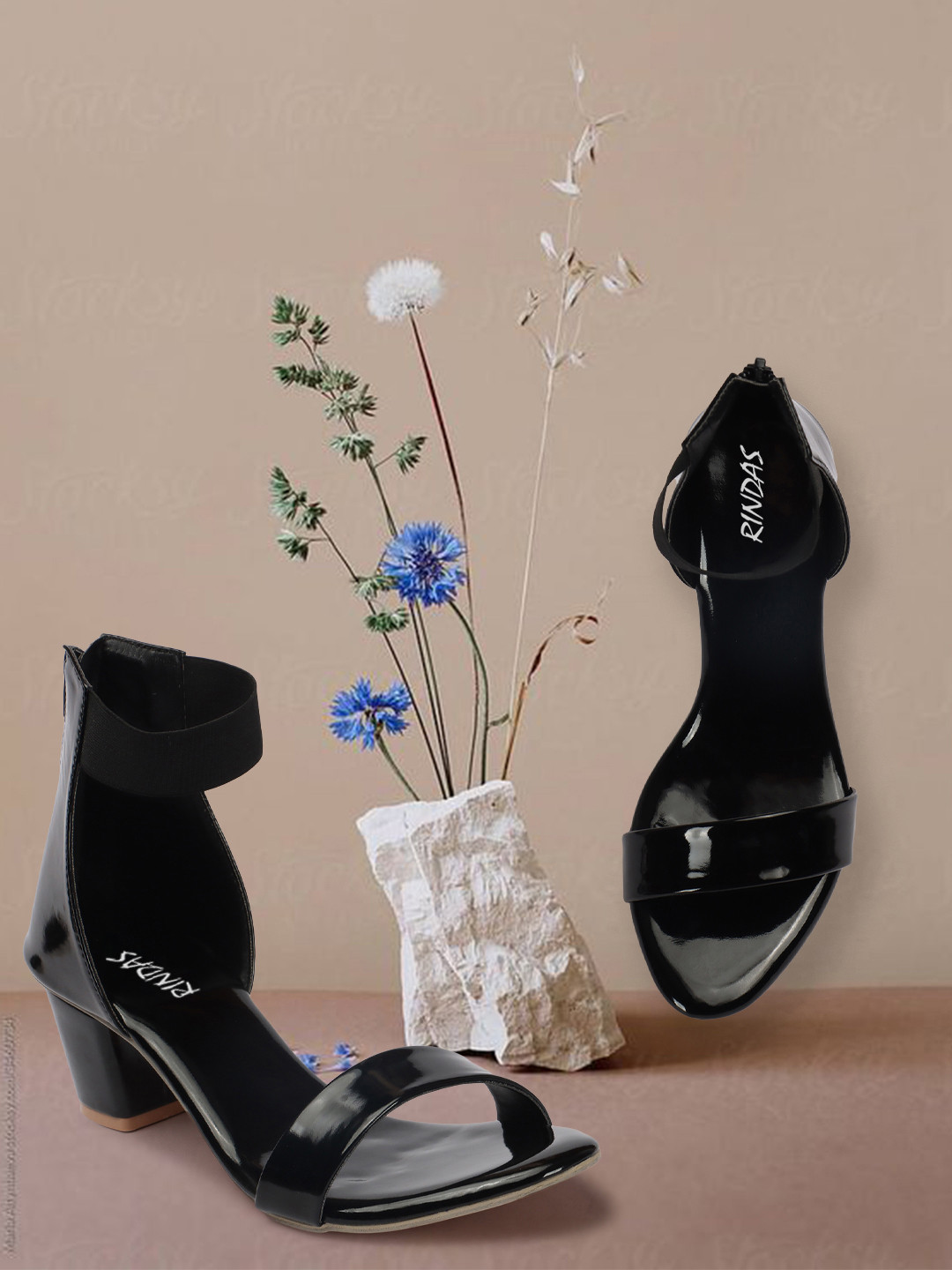 

RINDAS Open Toe Block Heels With Ankle Loop, Black