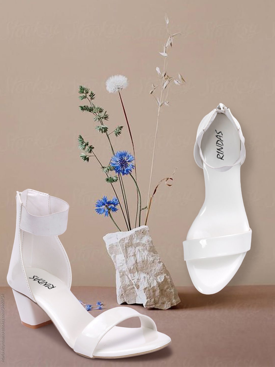 

RINDAS Open Toe Mid Top Block Heel With Back Zipper, White