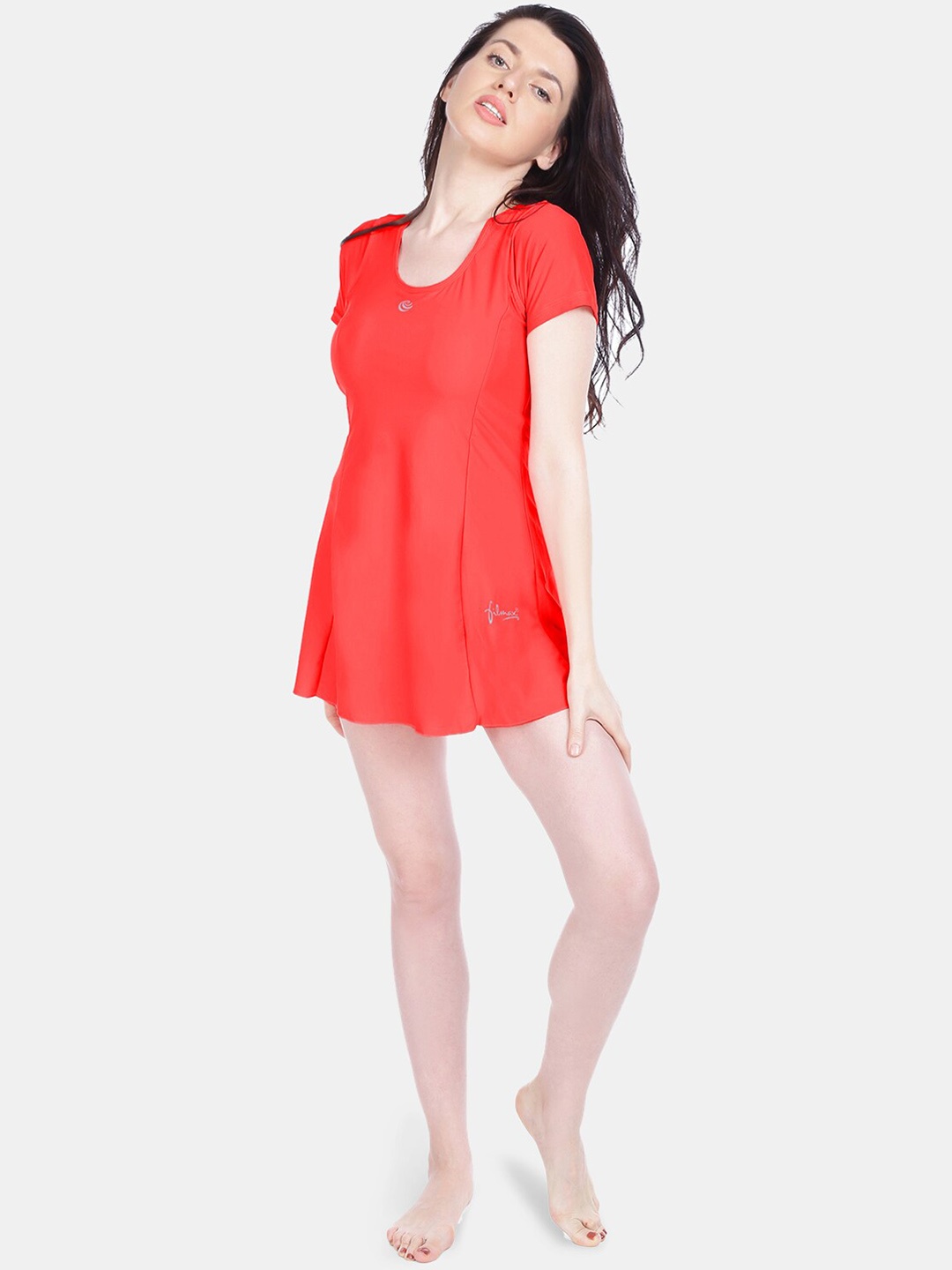 

FILMAX ORIGINALS Plus Size Round Neck Short Sleeves Swimming Dress, Red