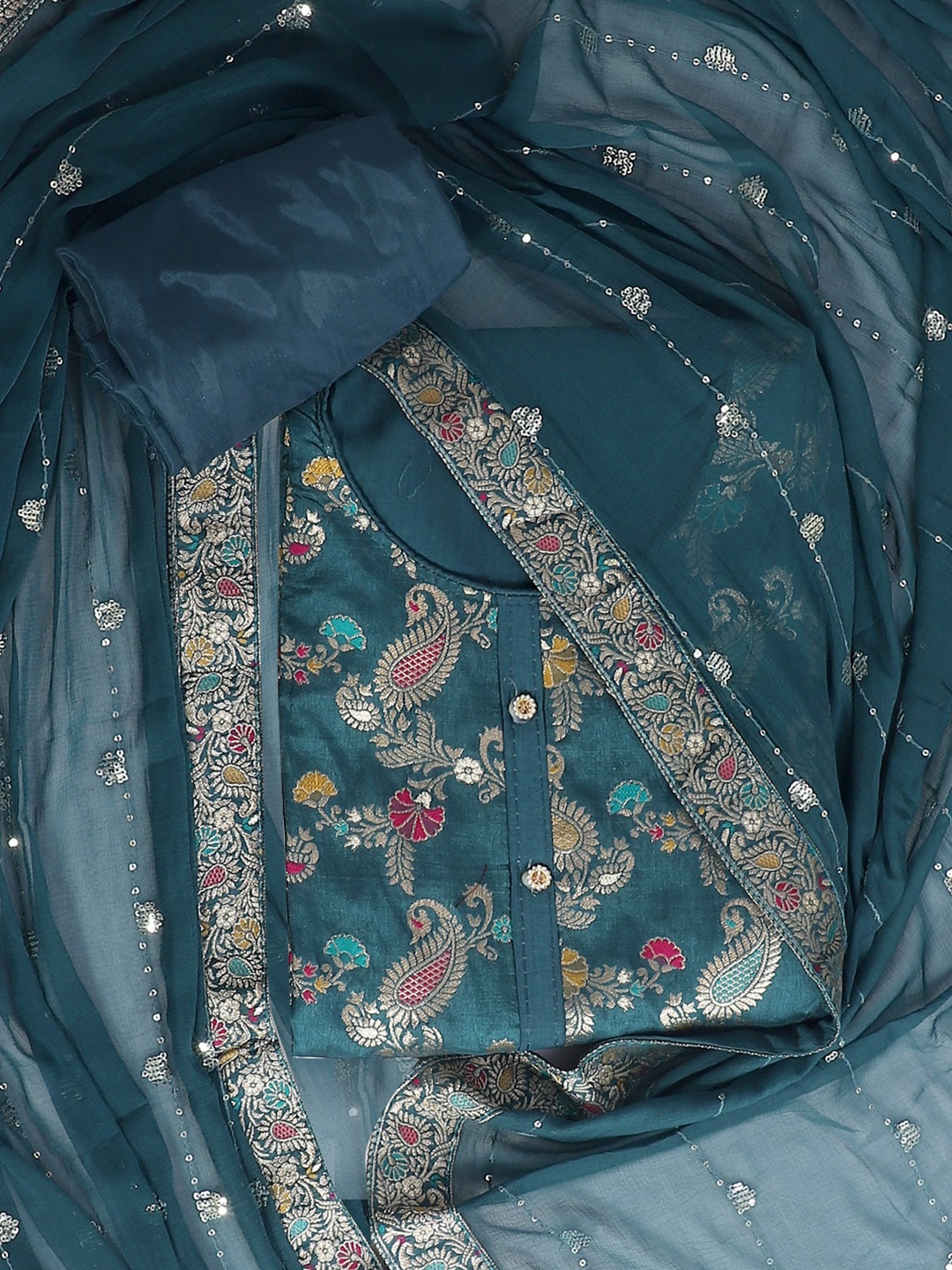 

SALWAR STUDIO Printed Art Silk Unstitched Dress Material, Blue