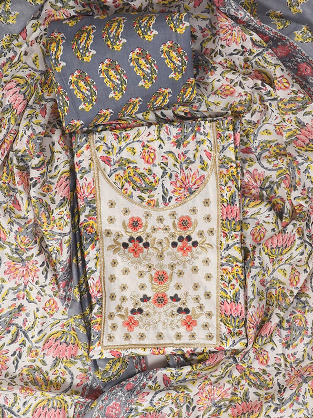 

SALWAR STUDIO Embroidered Pure Cotton Unstitched Dress Material, Grey