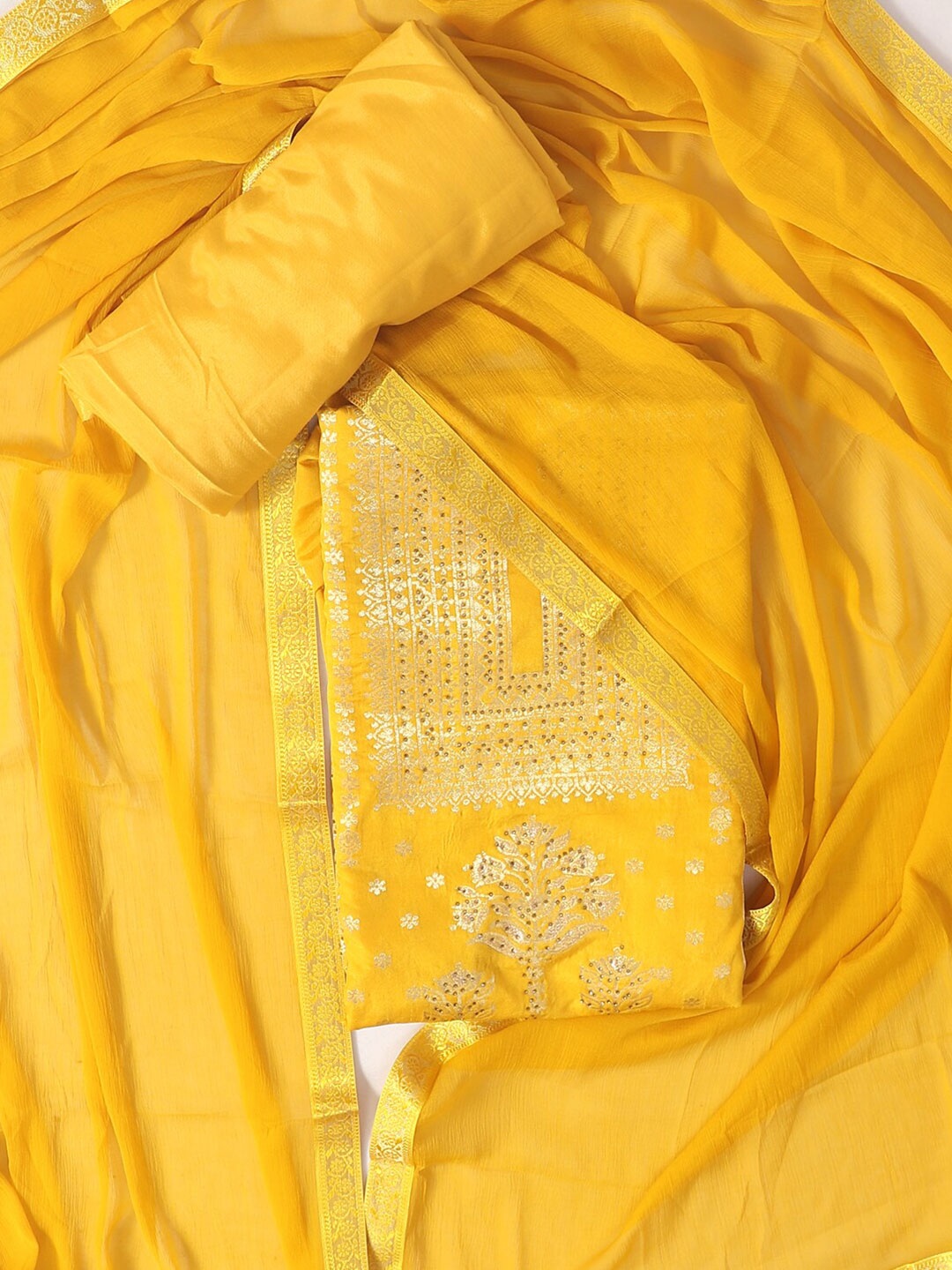 

SALWAR STUDIO Yellow & Gold-Toned Printed Art Silk Unstitched Dress Material