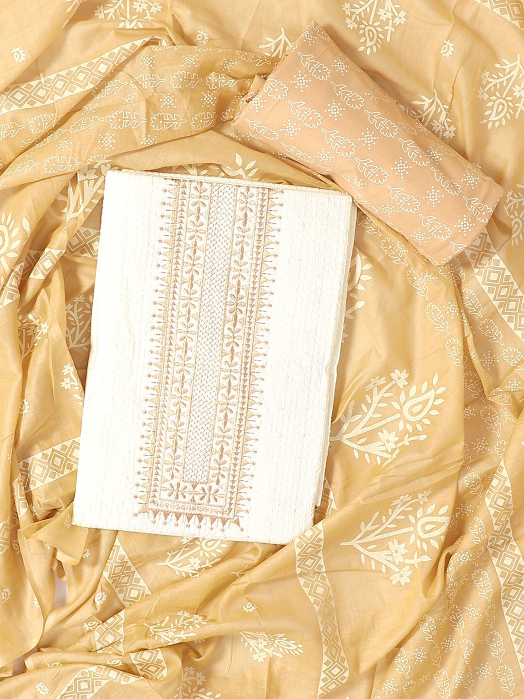 

SALWAR STUDIO Embroidered Pure Cotton Unstitched Dress Material, Beige