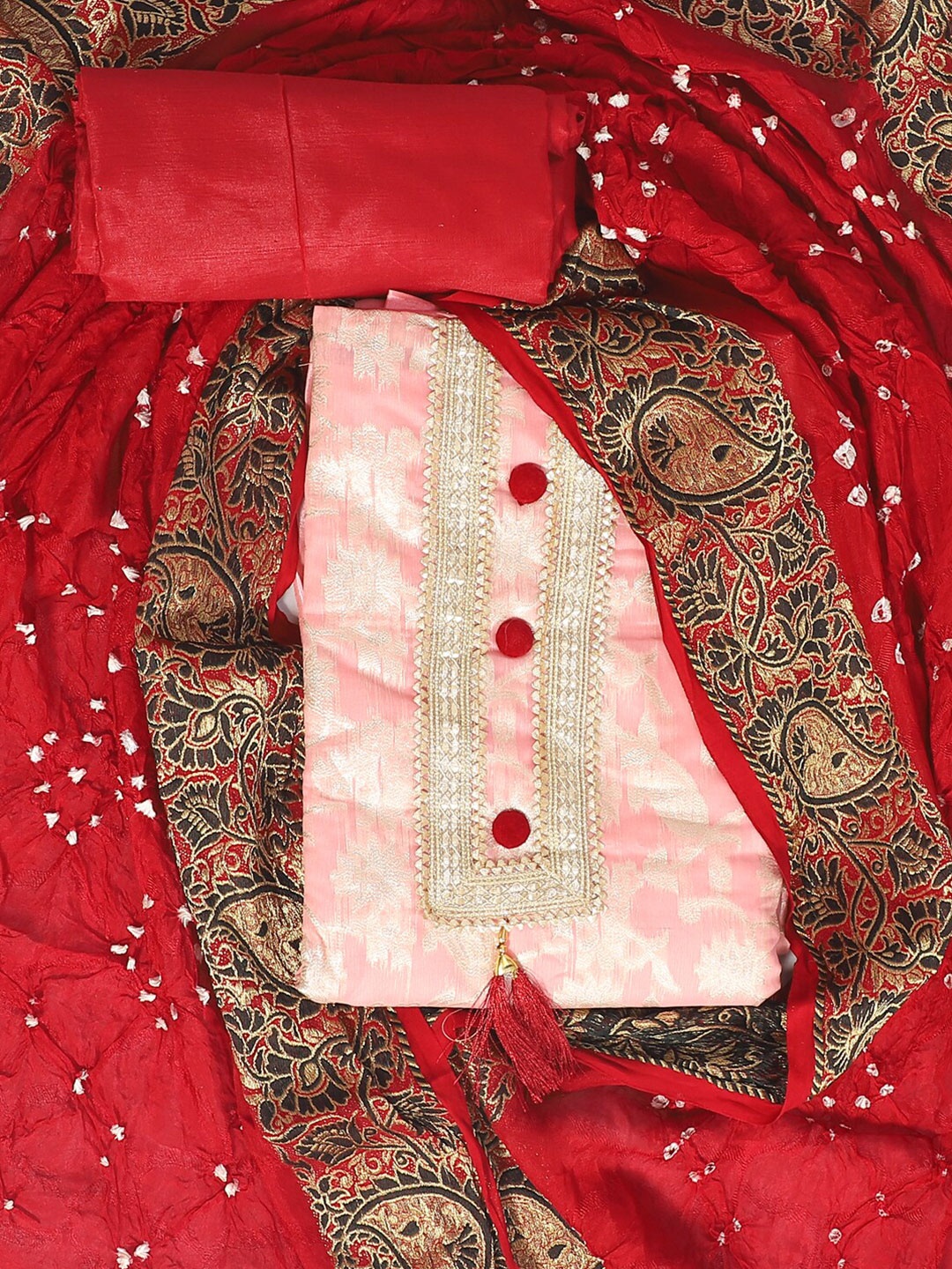 

SALWAR STUDIO Floral Woven Design Gotta Patti Unstitched Dress Material, Pink