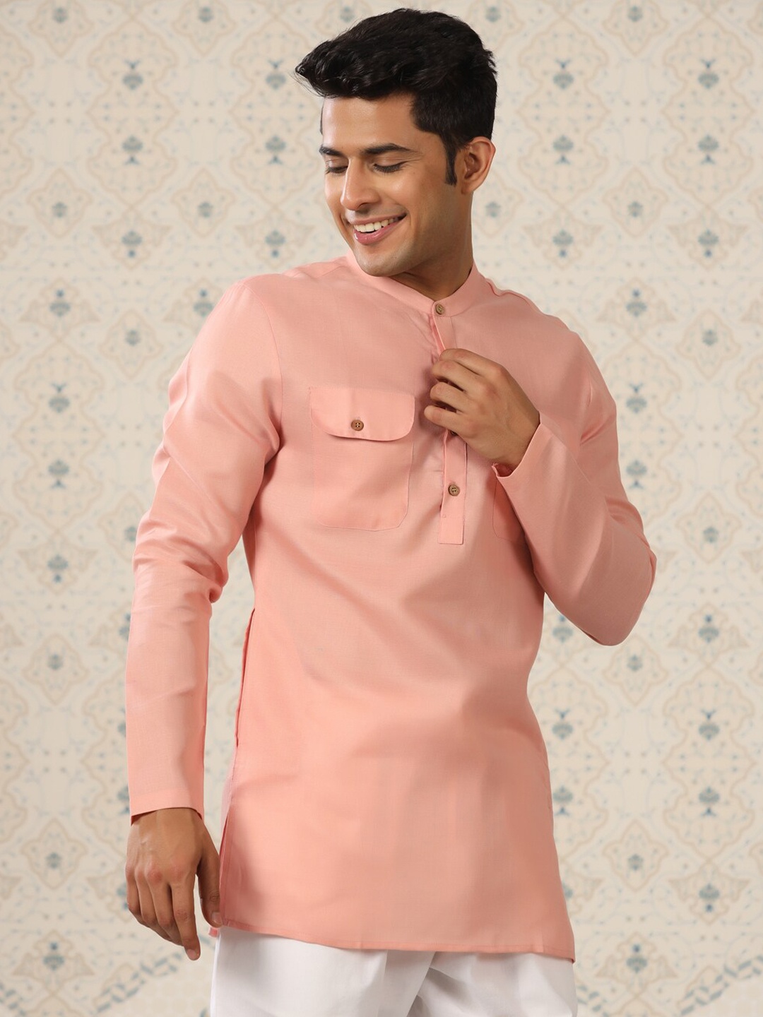 

Ode by House of Pataudi Mandarin Collar Short Pathani Kurta, Peach