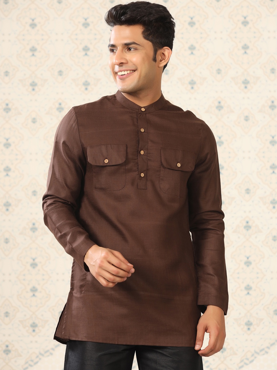 

Ode by House of Pataudi Mandarin Collar Short Pathani Kurta, Brown