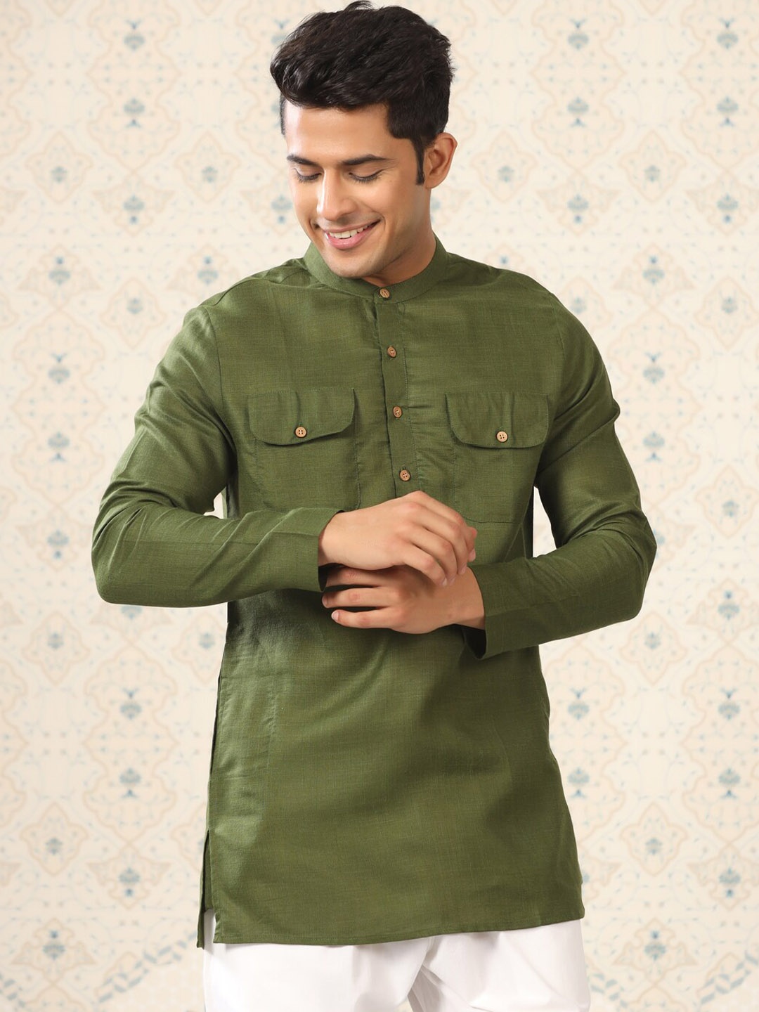 

Ode by House of Pataudi Mandarin Collar Short Pathani Kurta, Green