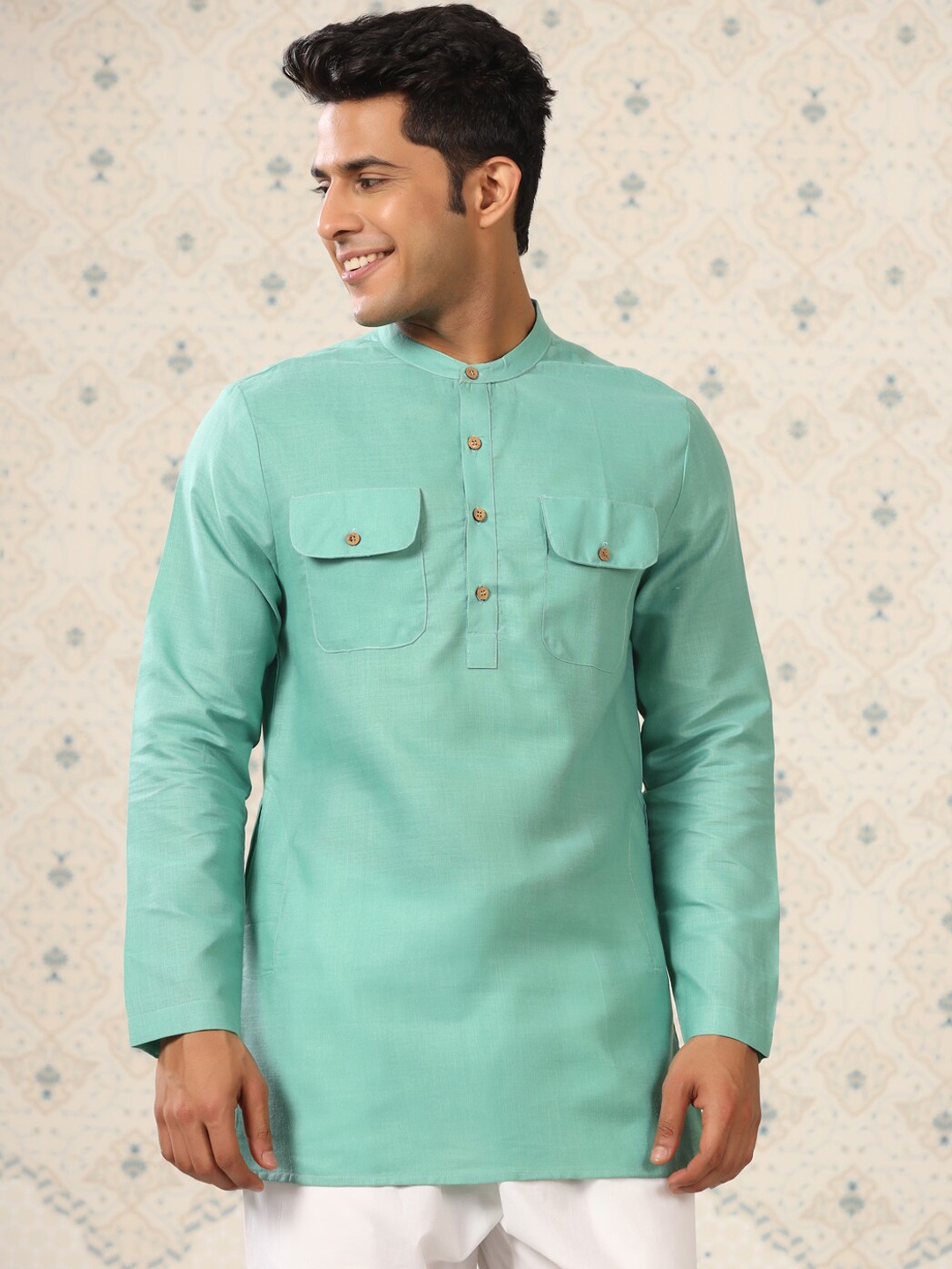 

Ode by House of Pataudi Band Collar Short Pathani Kurta, Teal