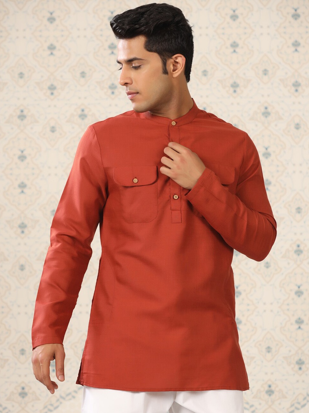 

Ode by House of Pataudi Mandarin Collar Short Pathani Kurta, Rust