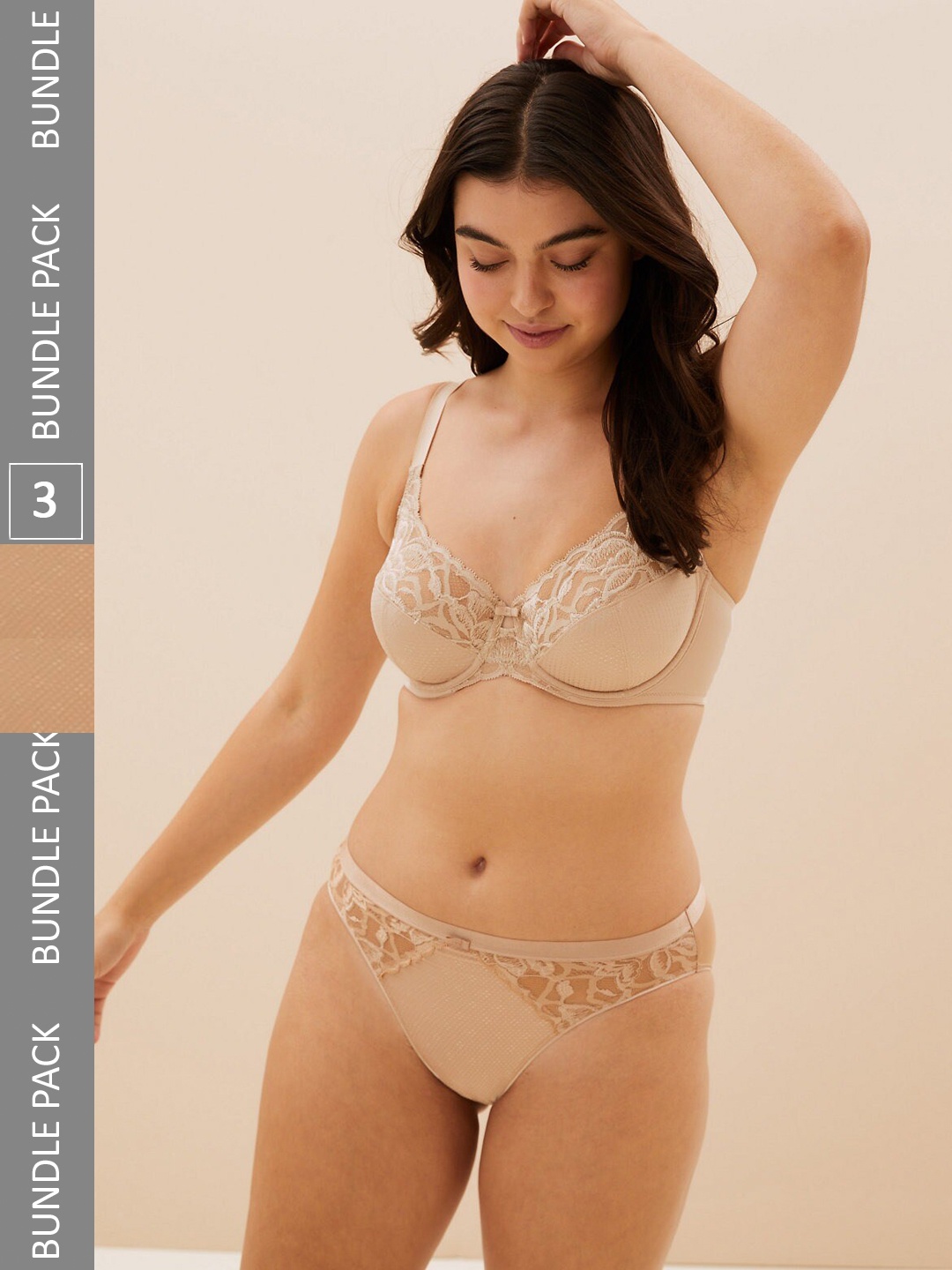 

Marks & Spencer Women Pack Of 3 Self Design Basic Briefs, Beige