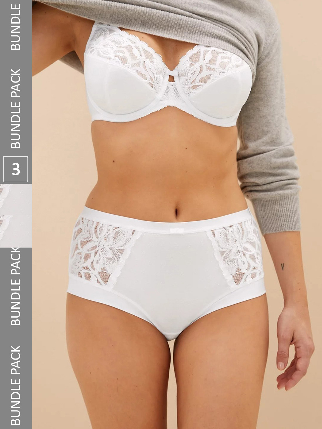 

Marks & Spencer Women Pack Of 3 Self-Designed Mid-Rise Lace Briefs, White